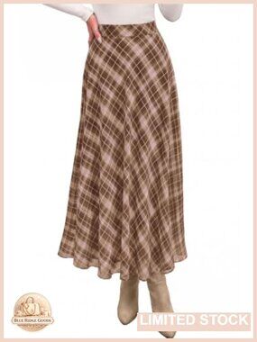 Plaid Maxi Skirt for Women A-Line High Waisted Flowy Chiffon Long Skirt